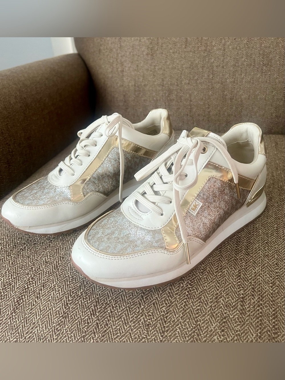 Michael Kors Maddy Trainers White Gold Metallic Accents and Sparkle 8.5